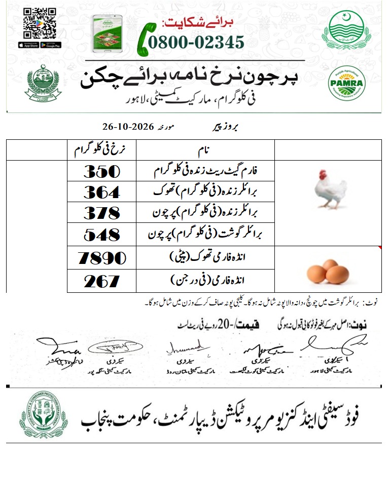 Official Lahore chicken and eggs retail rate list for 26 October 2026, Market Committee Lahore and PAMRA